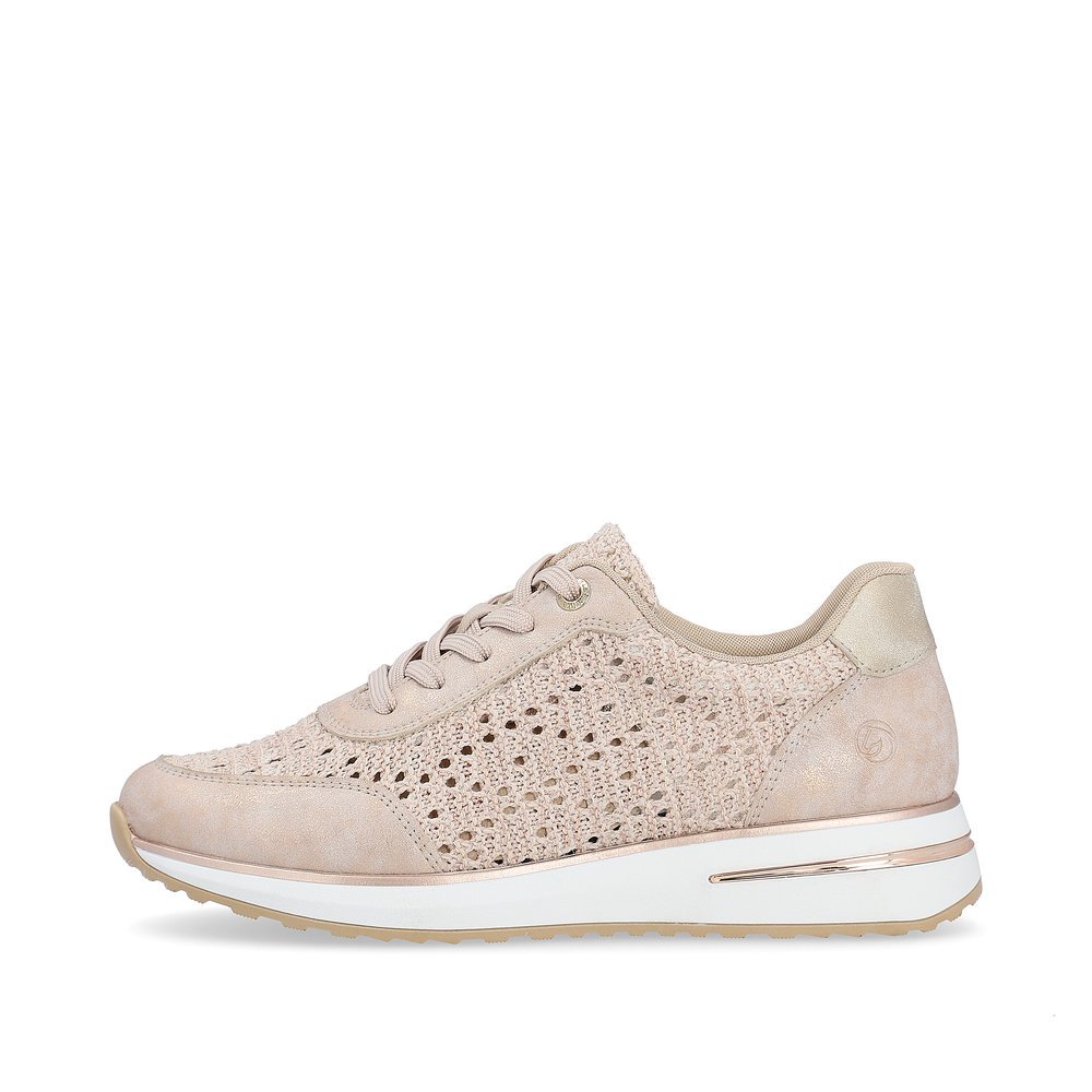 Pink remonte women´s sneakers D1G04-31 with a lacing and perforated look. Outside of the shoe.