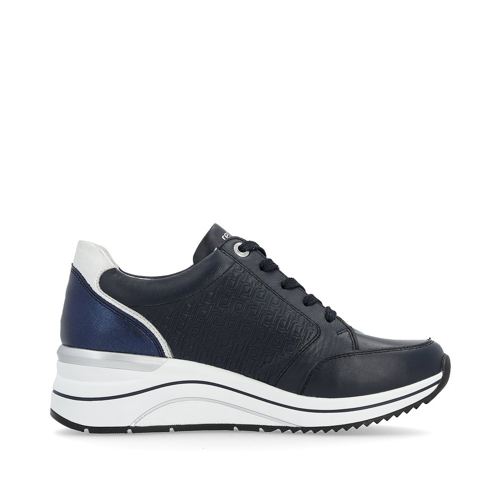 Navy blue remonte women´s sneakers D0T03-14 with a zipper and extra width H. Shoe inside.