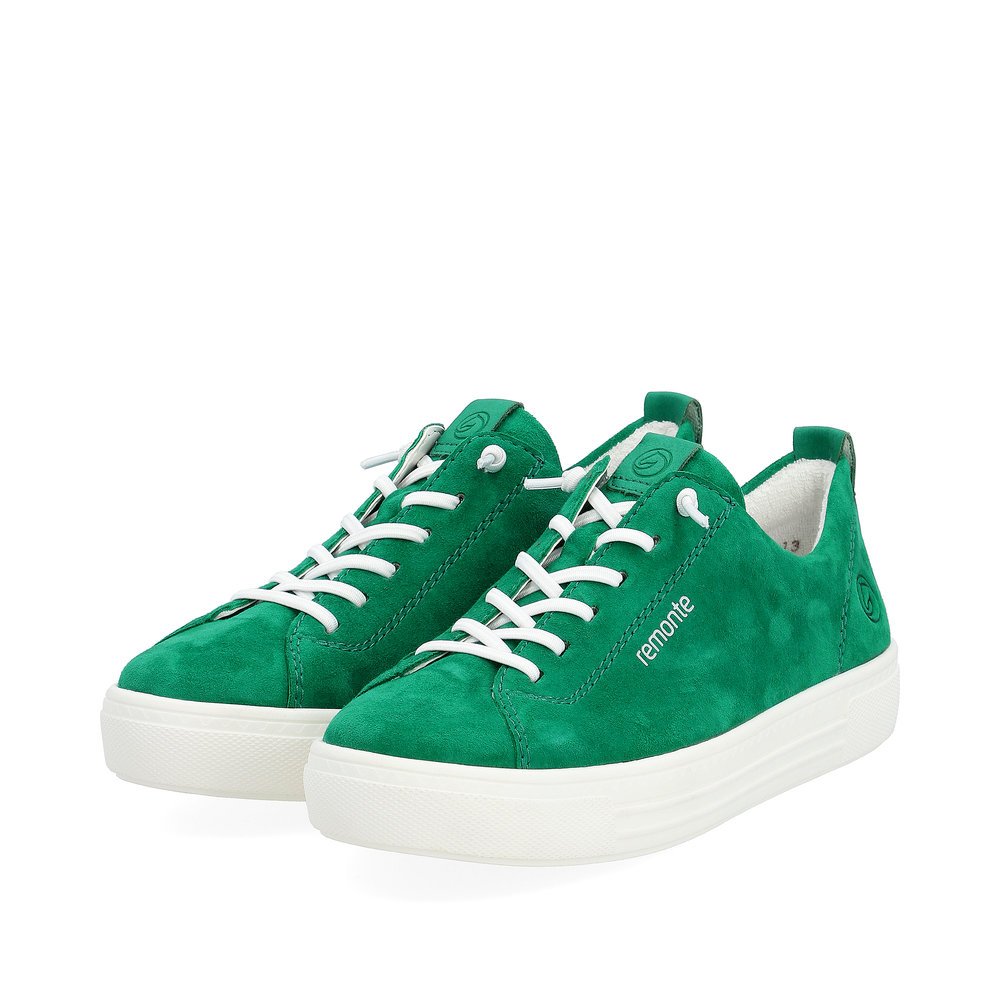 Emerald green remonte women´s sneakers D0913-52 with lacing and comfort width G. Shoes laterally.