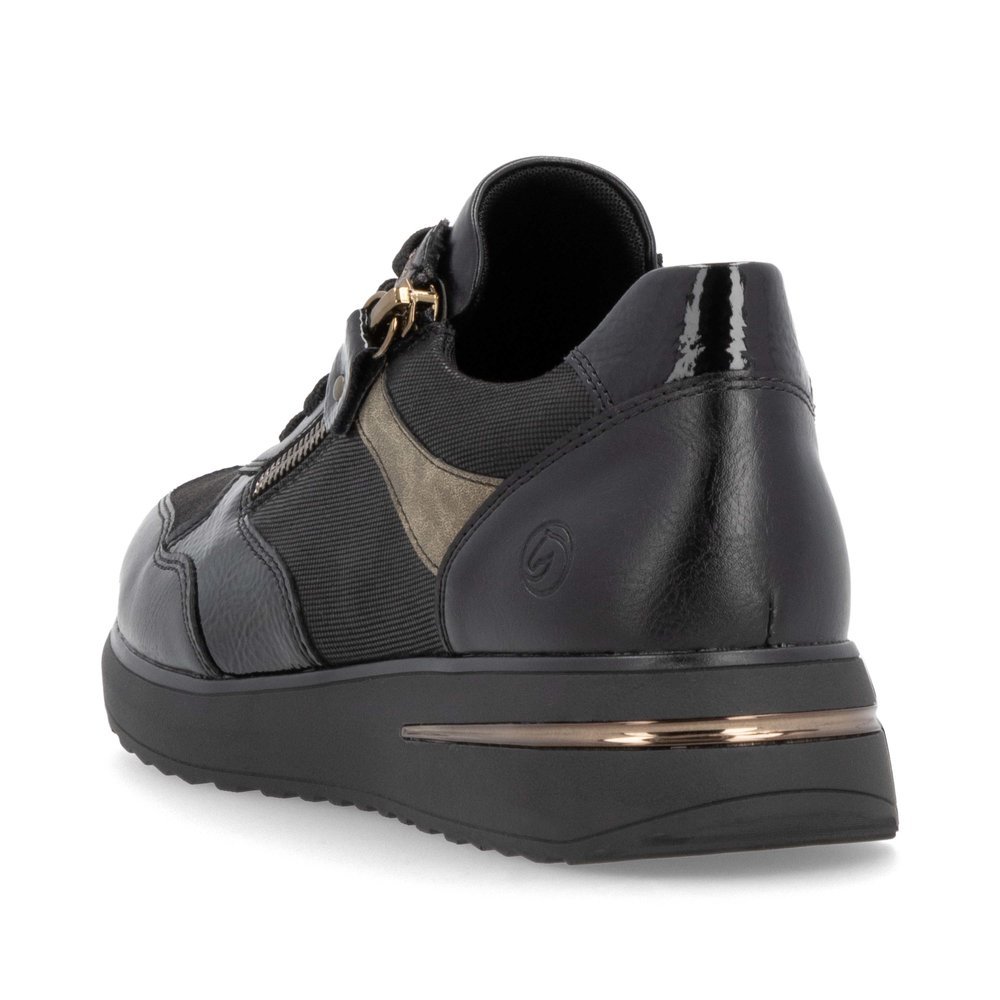 Black vegan remonte women´s sneakers D1G08-03 with zipper as well as padded insole. Shoe from the back.