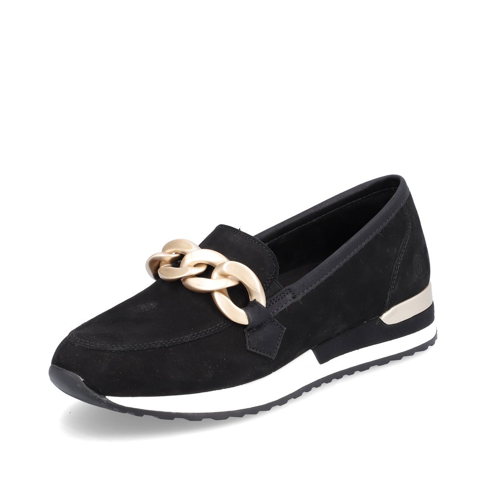 Night black remonte women´s loafers R2544-02 with golden chain. Shoe laterally.