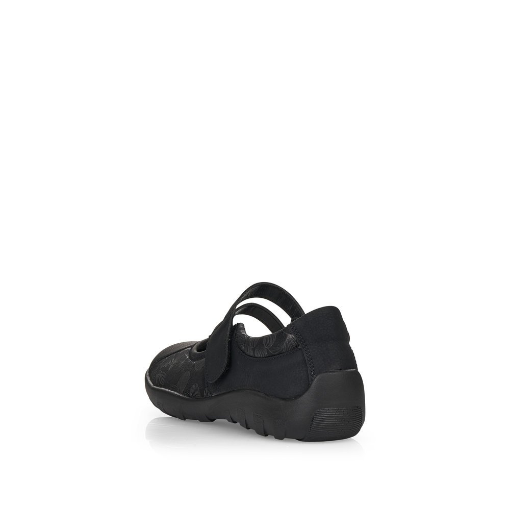 Jet black remonte women´s ballerinas R3510-03 with a hook and loop fastener. Shoe from the back.