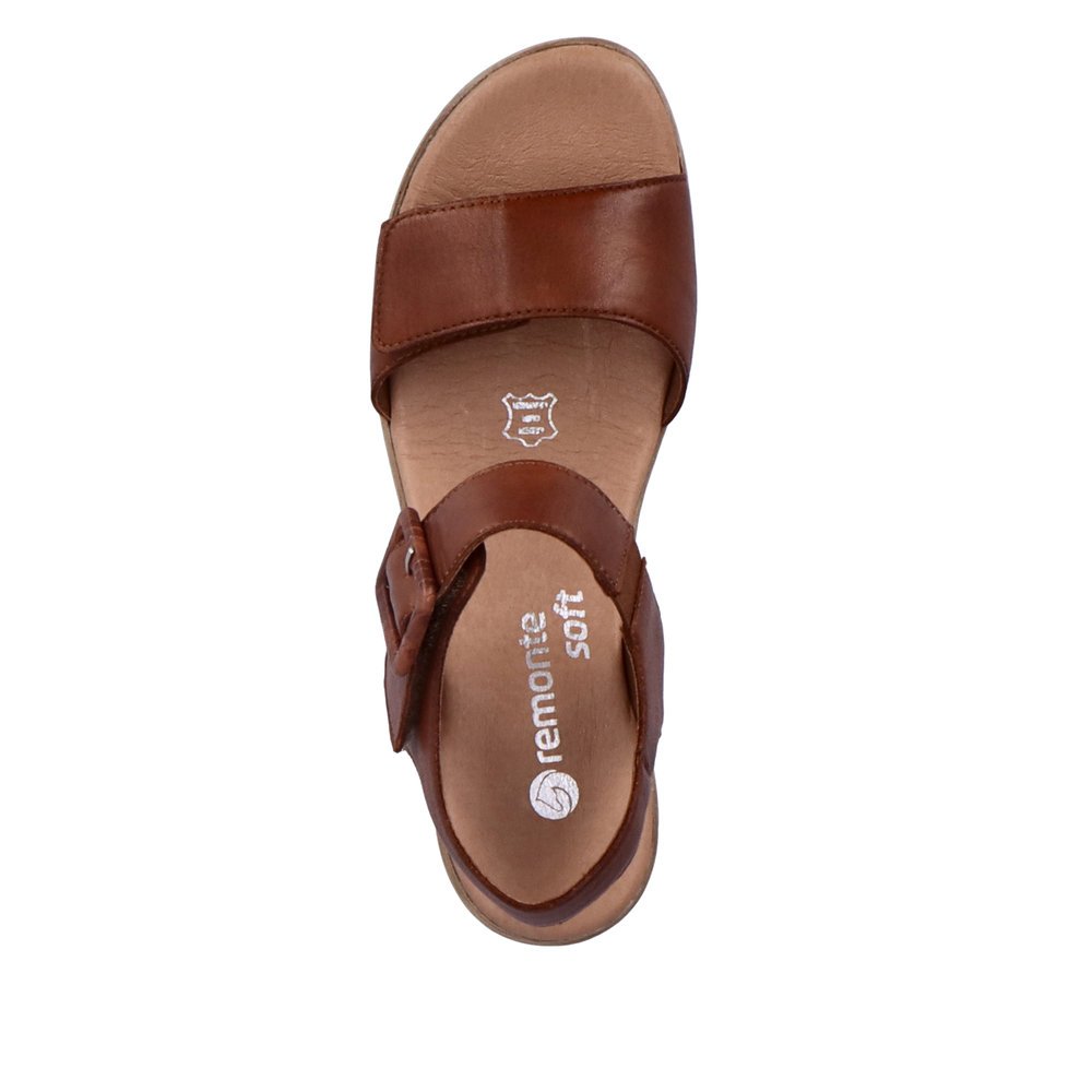 Chocolate brown remonte women´s strap sandals D0N52-24 with hook and loop fastener. Shoe from the top.