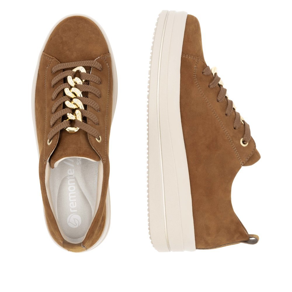 Brown remonte women´s sneakers D1C03-22 with a chain element as well as a zipper. Shoe from the top, lying.