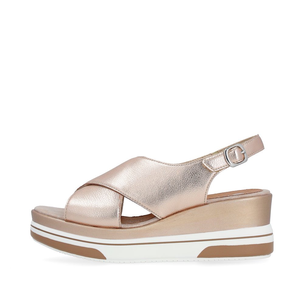 Metallic pink remonte women´s wedge sandals D1P53-31 with hook and loop fastener. Outside of the shoe.
