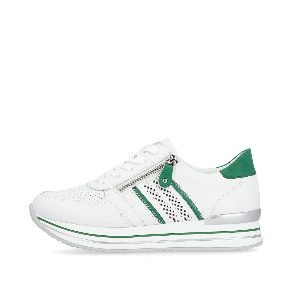 White remonte women´s sneakers D1318-82 with zipper and decorative stitching. Outside of the shoe.