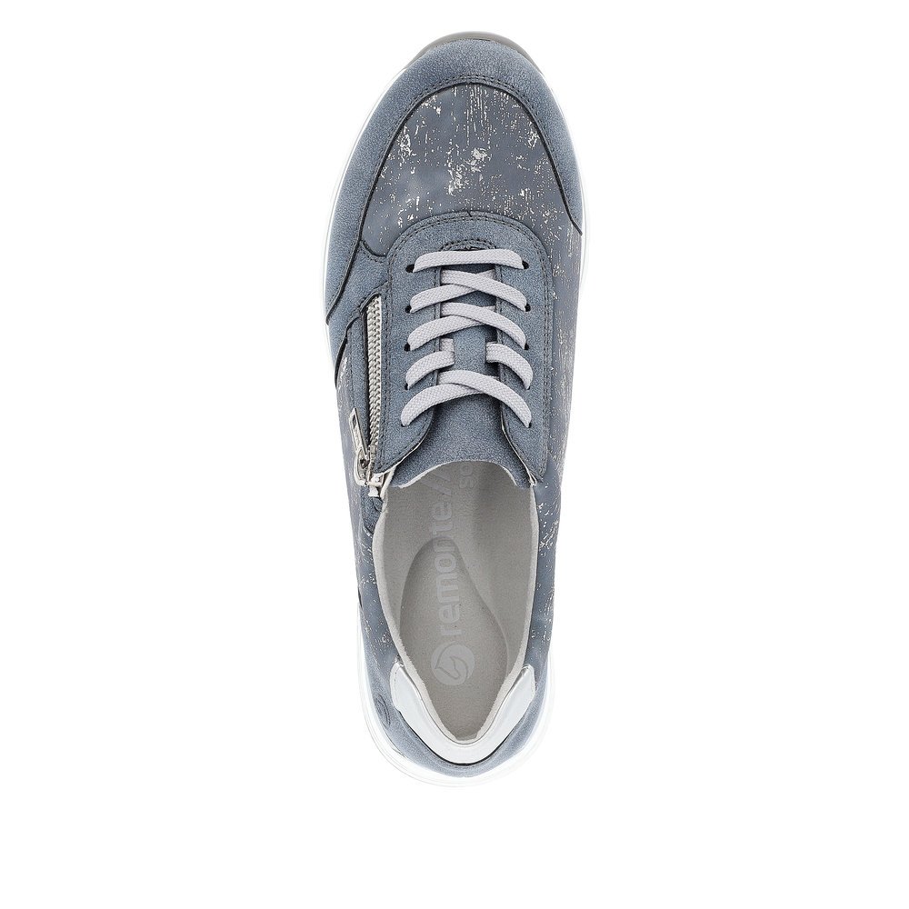 Blue remonte women´s sneakers R6700-13 with zipper and washed-out pattern. Shoe from the top.