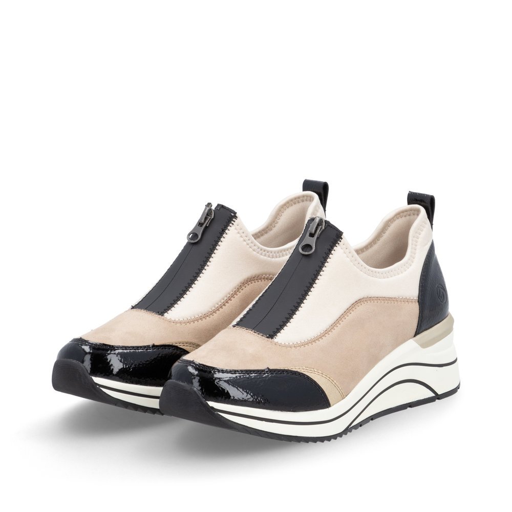 Beige vegan remonte women´s sneakers D0T08-60 with zipper as well as extra width H. Shoes laterally.