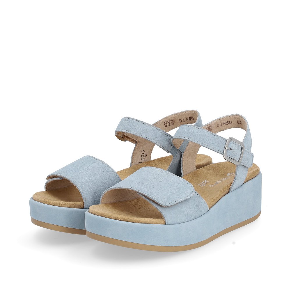 Ice blue remonte women´s strap sandals D1N50-10 with hook and loop fastener. Shoes laterally.