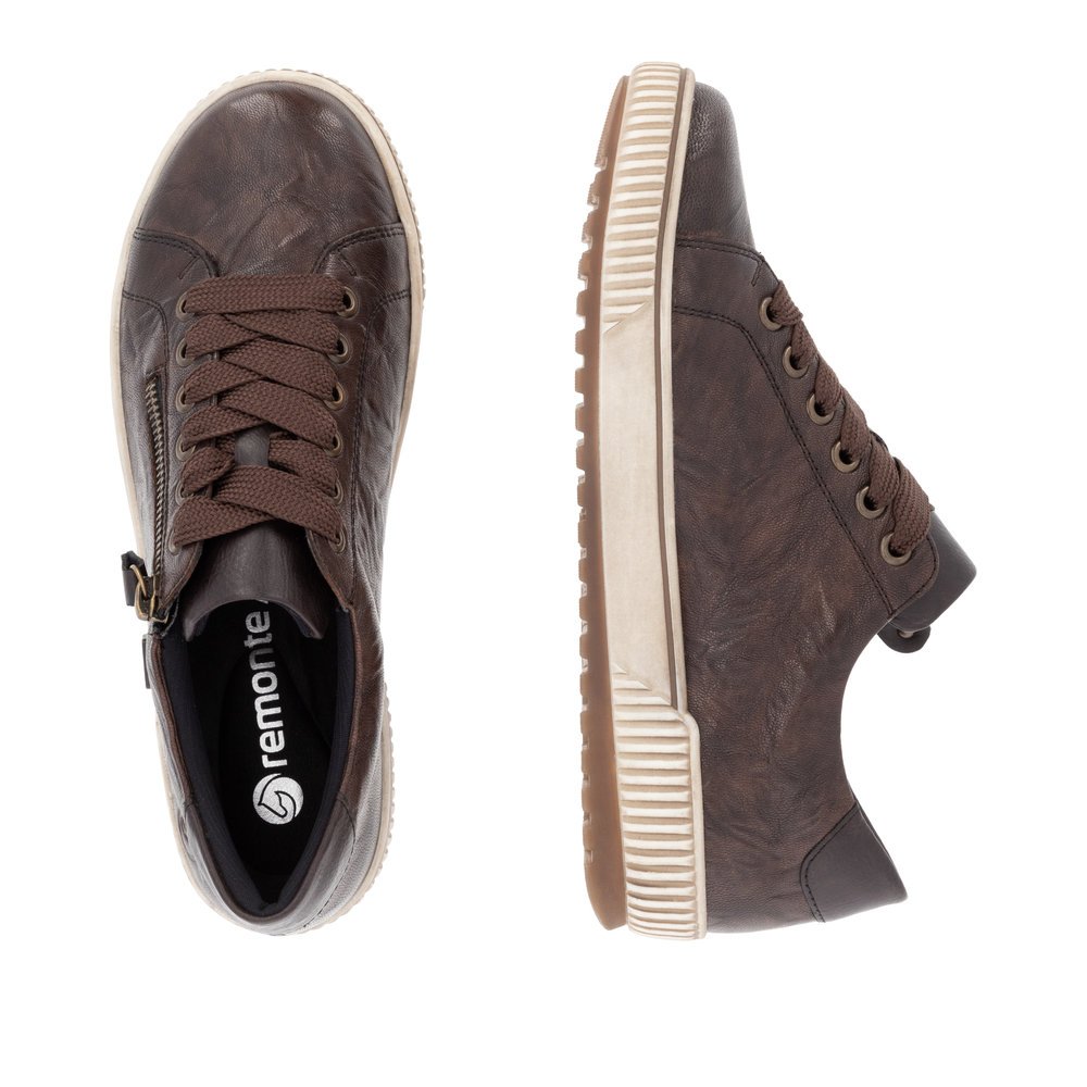 Coffee brown remonte women´s lace-up shoes D0700-25 with remonteTEX technology. Shoe from the top, lying.