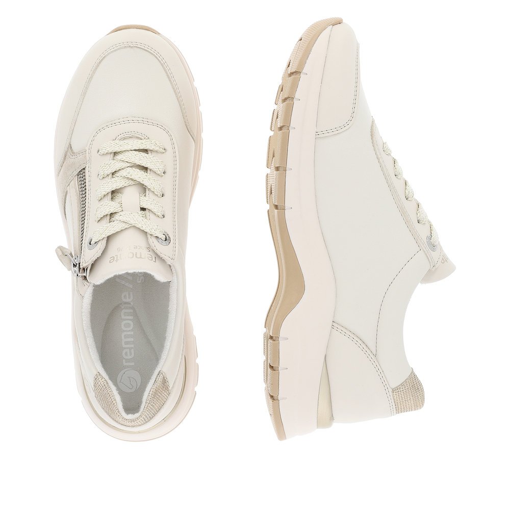 Light beige remonte women´s sneakers D0G09-80 with a zipper and extra width H. Shoe from the top, lying.