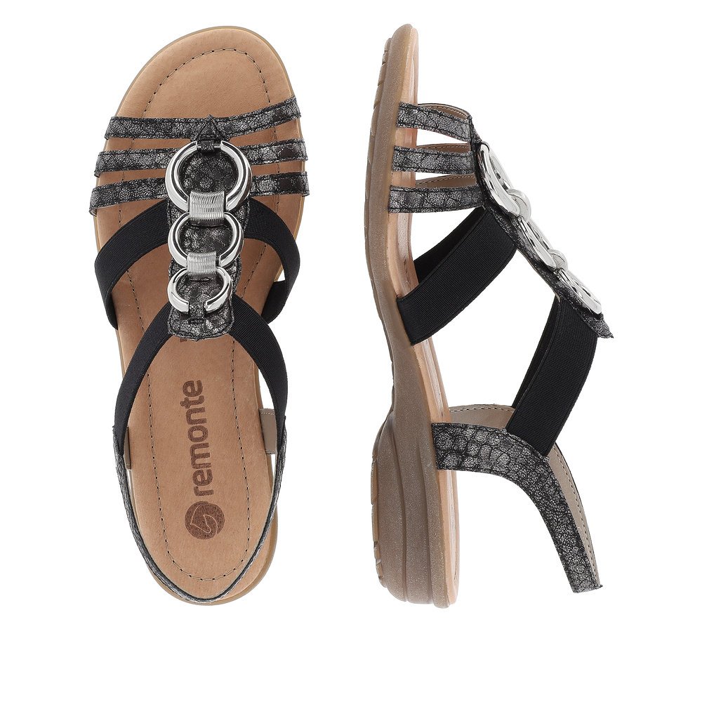 Night black remonte women´s strap sandals R3605-02 with elastic insert. Shoe from the top, lying.