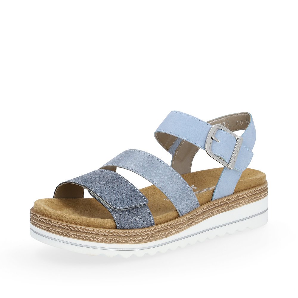 Sky blue vegan remonte women´s strap sandals D0Q55-12 with hook and loop fastener. Shoe laterally.
