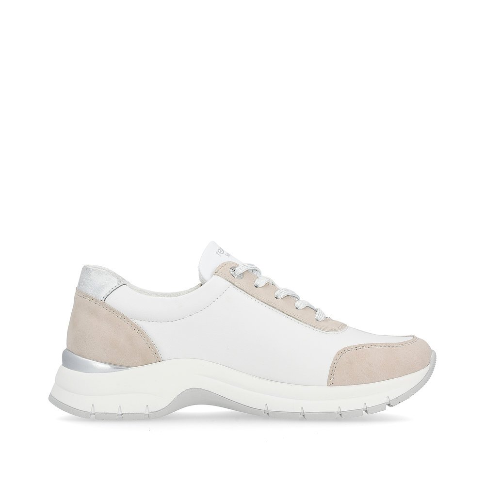 White remonte women´s sneakers D0G09-81 with a zipper and extra width H. Shoe inside.