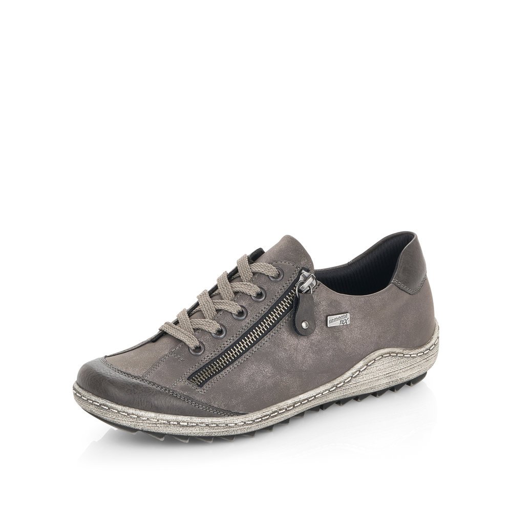 Chaussures à lacets remonte grises pour femme R1402-44. Chaussure inclinée sur le côté.