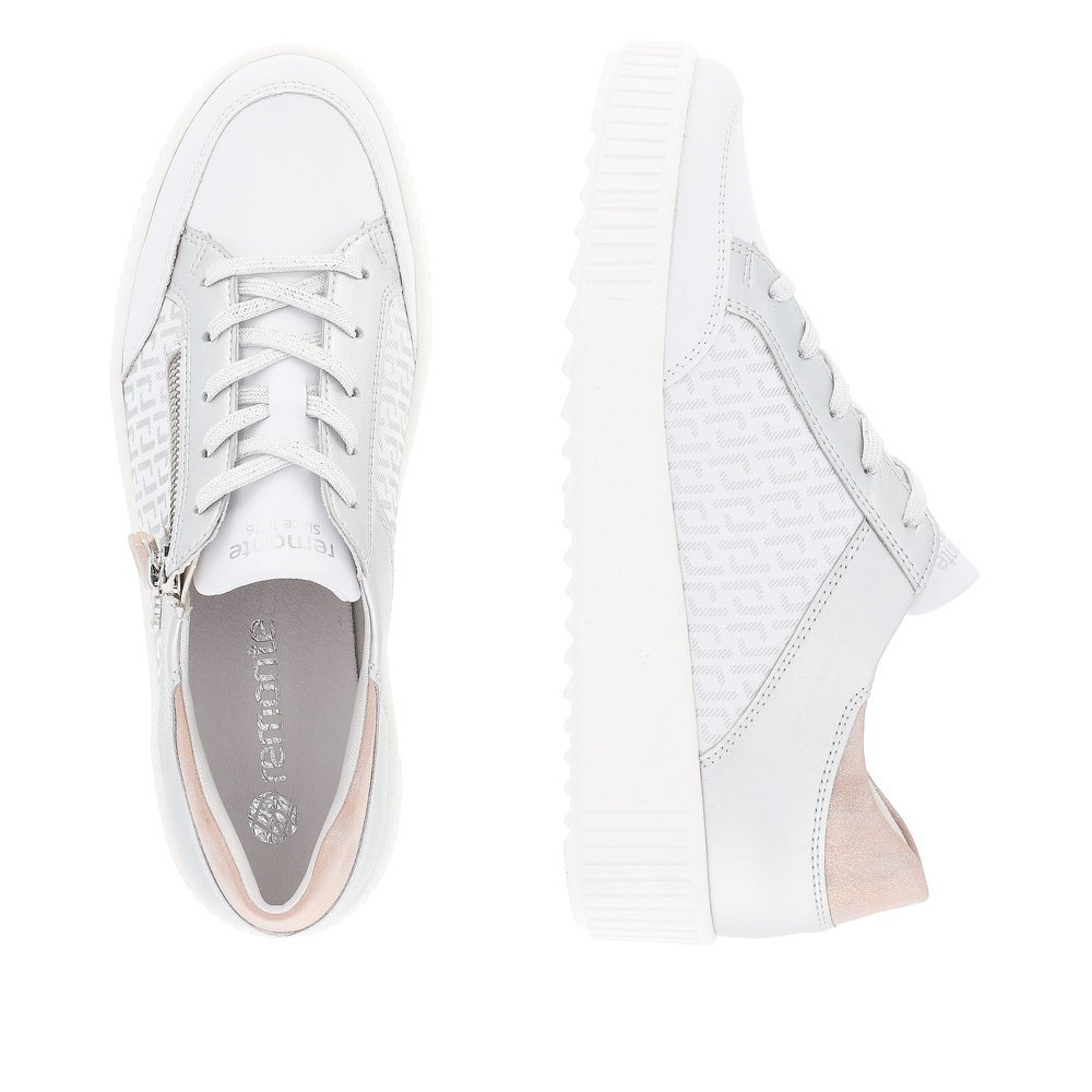 Frost white remonte women´s sneakers R7901-81 with zipper and graphical pattern. Shoe from the top, lying.