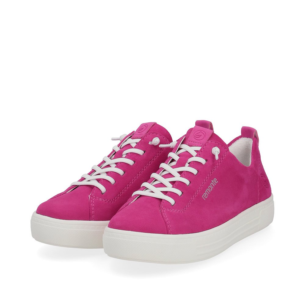 Pink remonte women´s sneakers D0913-31 with a lacing and comfort width G. Shoes laterally.
