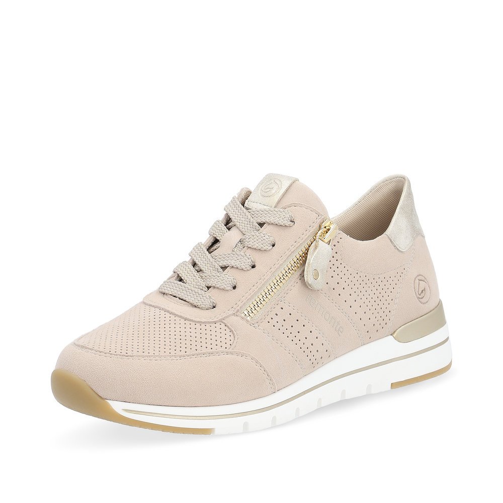 Clay beige remonte women´s sneakers R6705-60 with zipper and comfort width G. Shoe laterally.