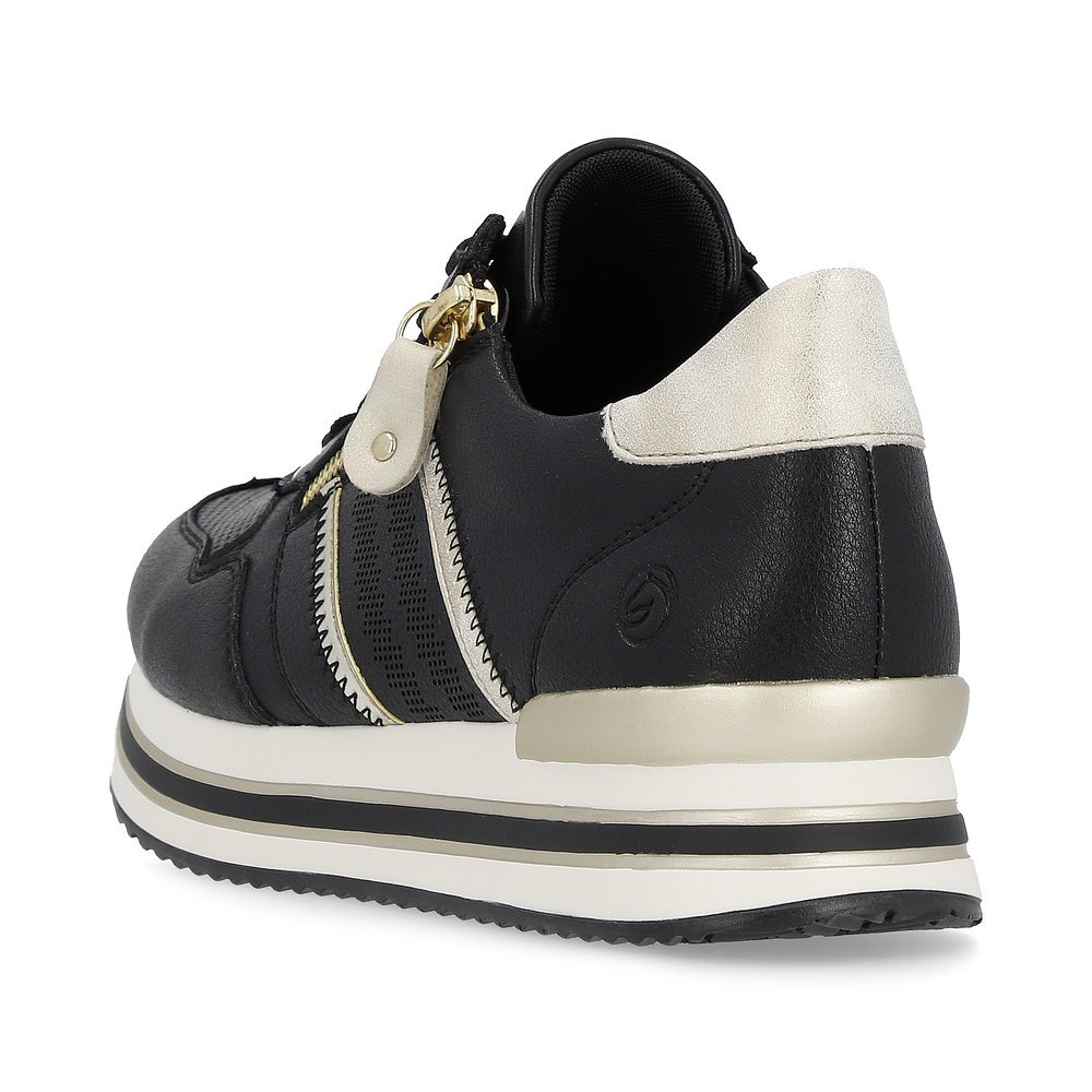 Matt black remonte women´s sneakers D1318-01 with a zipper and comfort width G. Shoe from the back.