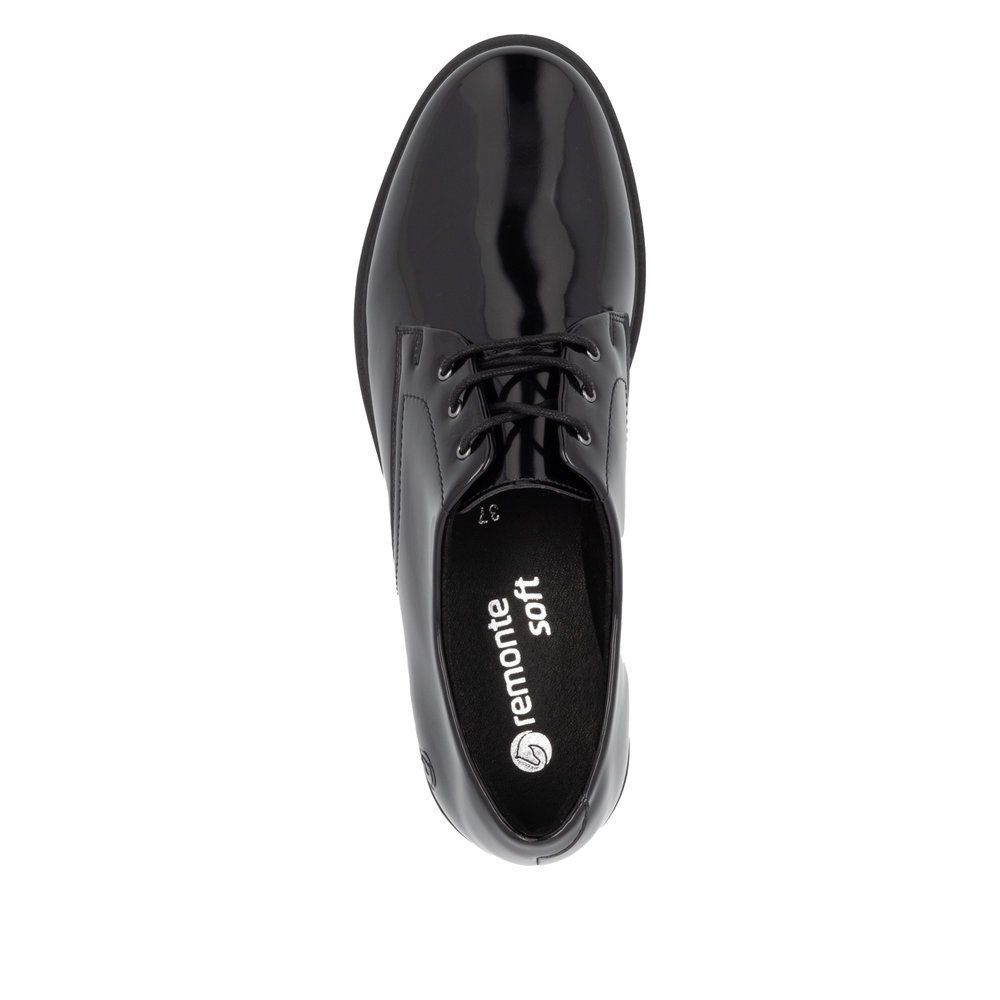 Glossy black remonte women´s lace-up shoes D1U02-00 with a removable insole. Shoe from the top.