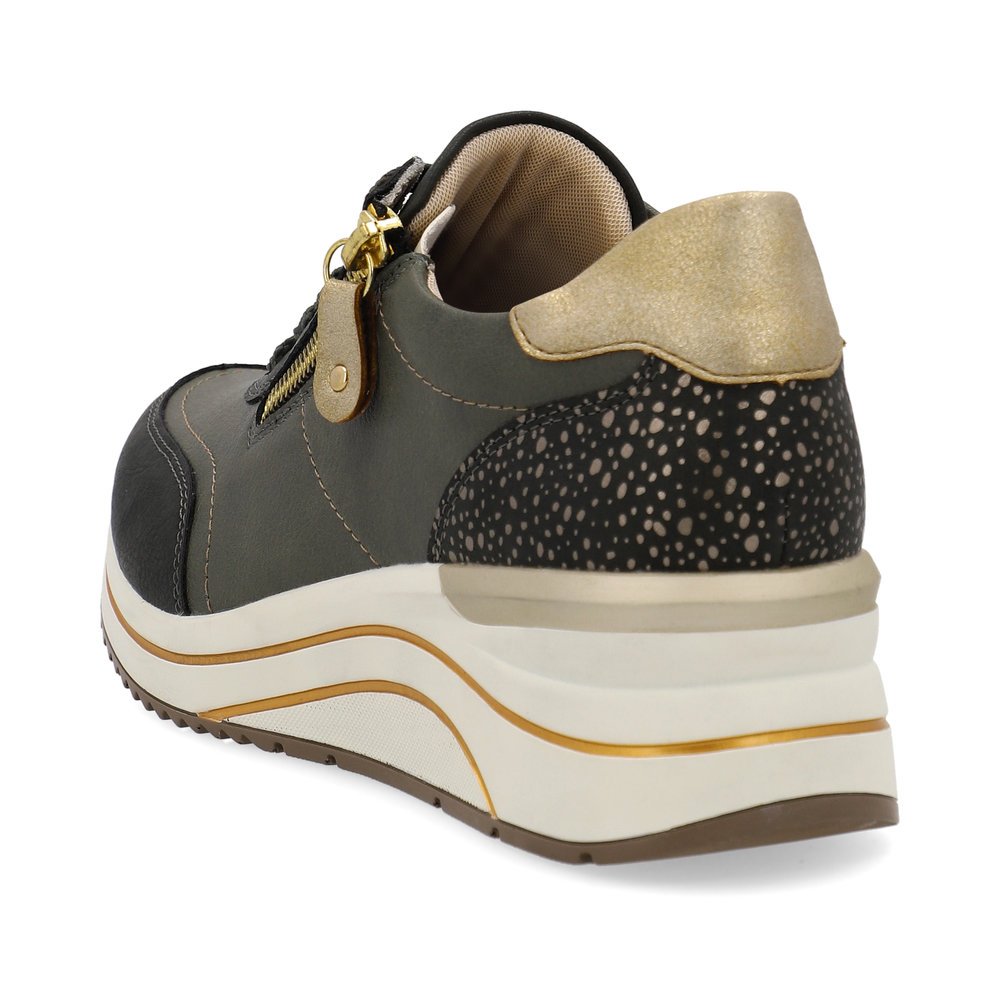 Leaf green remonte women´s sneakers D0T00-54 with a zipper as well as extra width H. Shoe from the back.