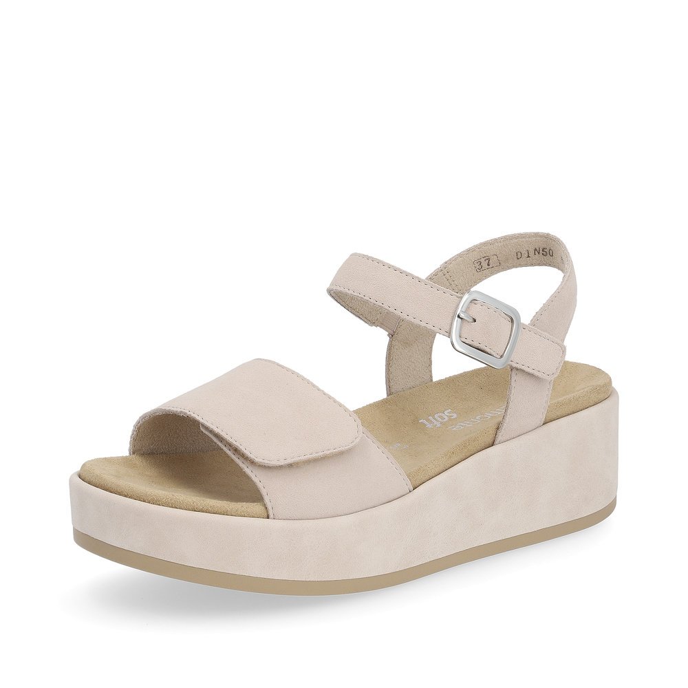 Clay beige remonte women´s strap sandals D1N50-60 with a hook and loop fastener. Shoe laterally.