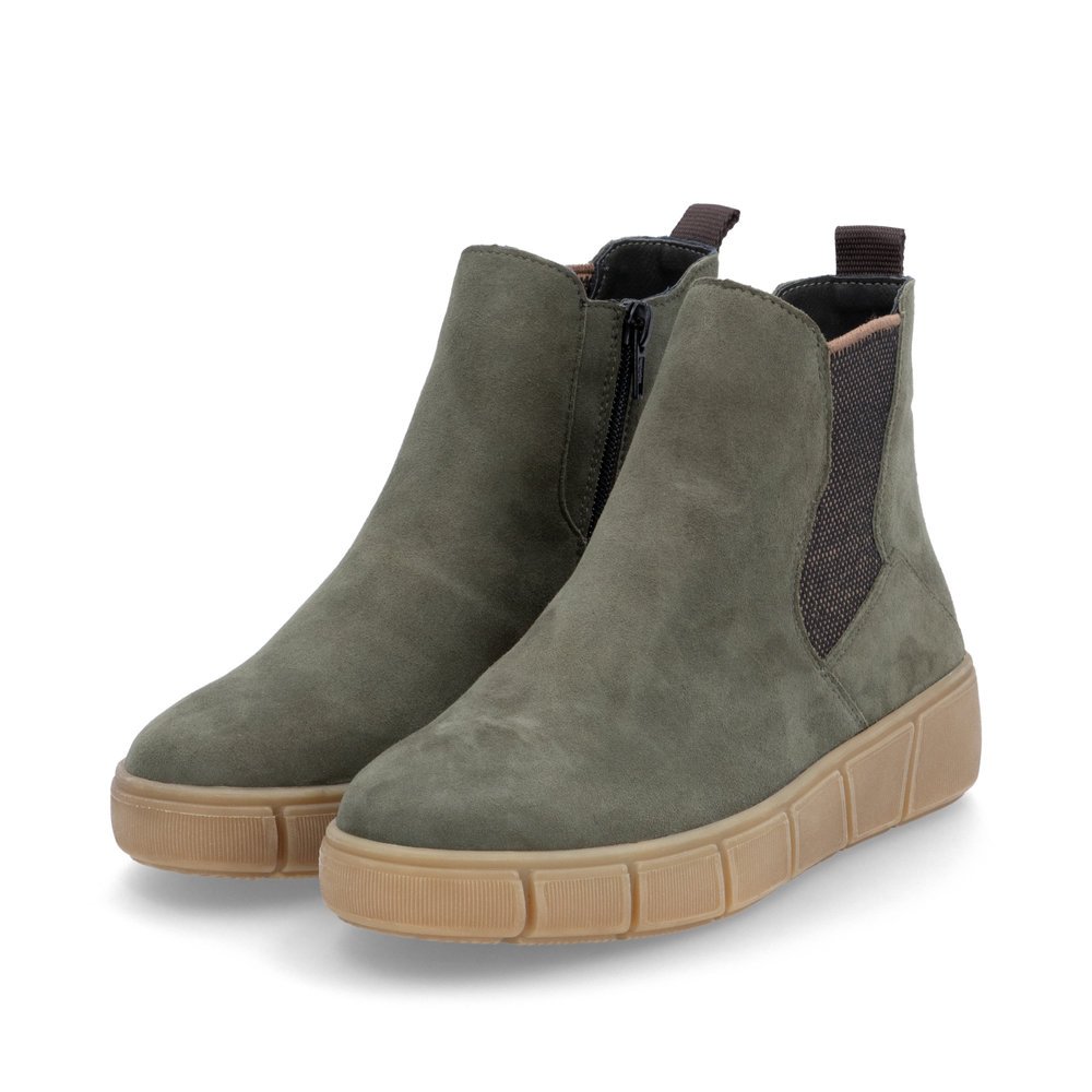 Bottes Chelseas remonte vertes pour femme D1T71-54 avec fermeture éclair. Chaussures inclinées sur le côté.