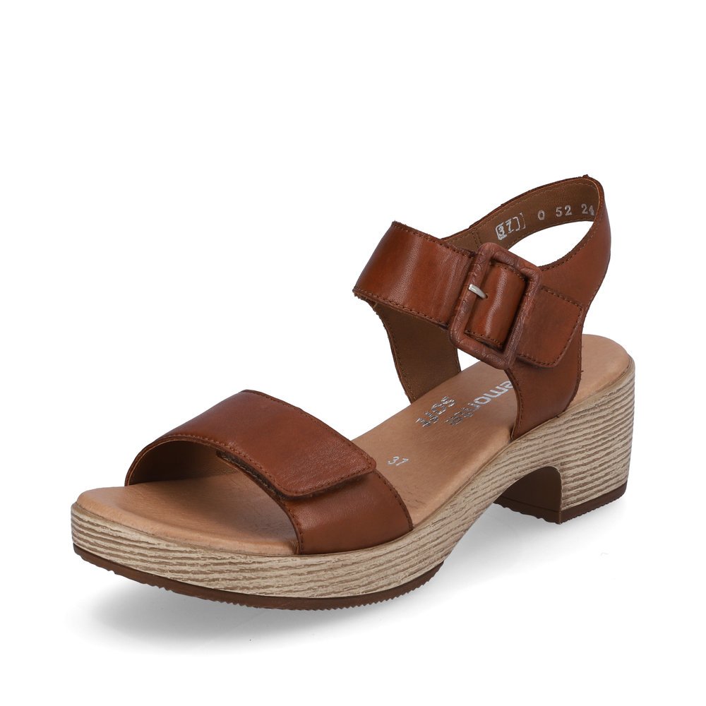 Chocolate brown remonte women´s strap sandals D0N52-24 with hook and loop fastener. Shoe laterally.