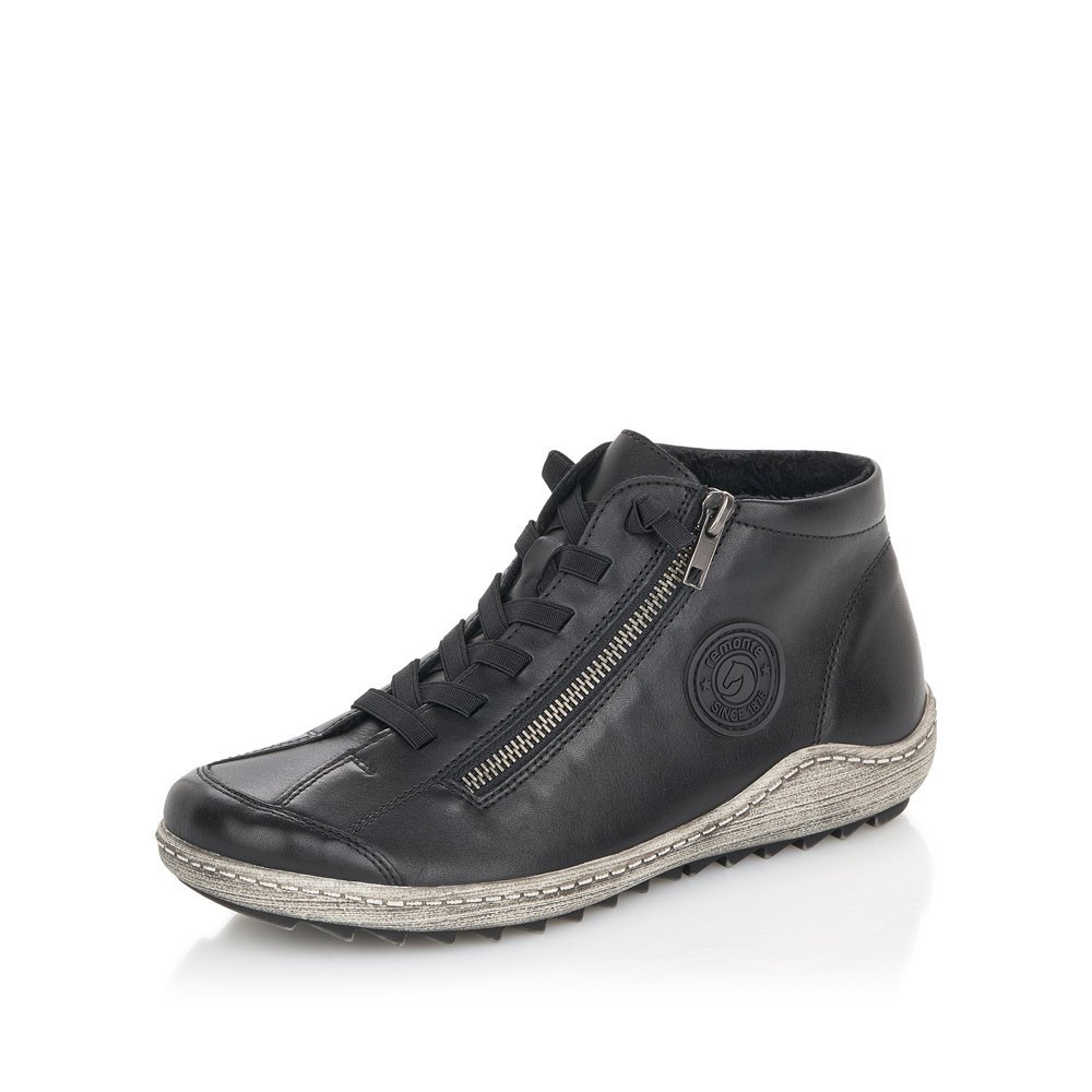 Black remonte women´s lace-up shoes R1498-01 with a black logo as well as a zipper. Shoe laterally.