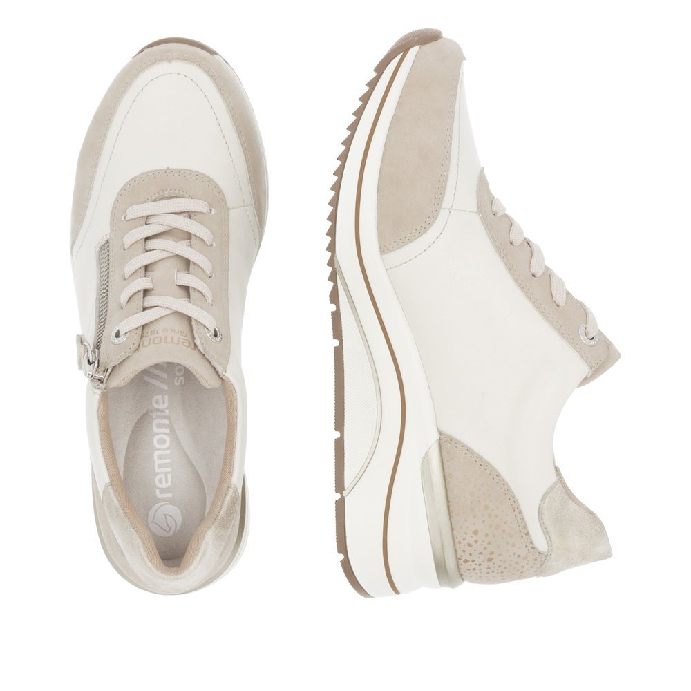 Beige remonte women´s sneakers D0T00-60 with a zipper as well as extra width H. Shoe from the top, lying.