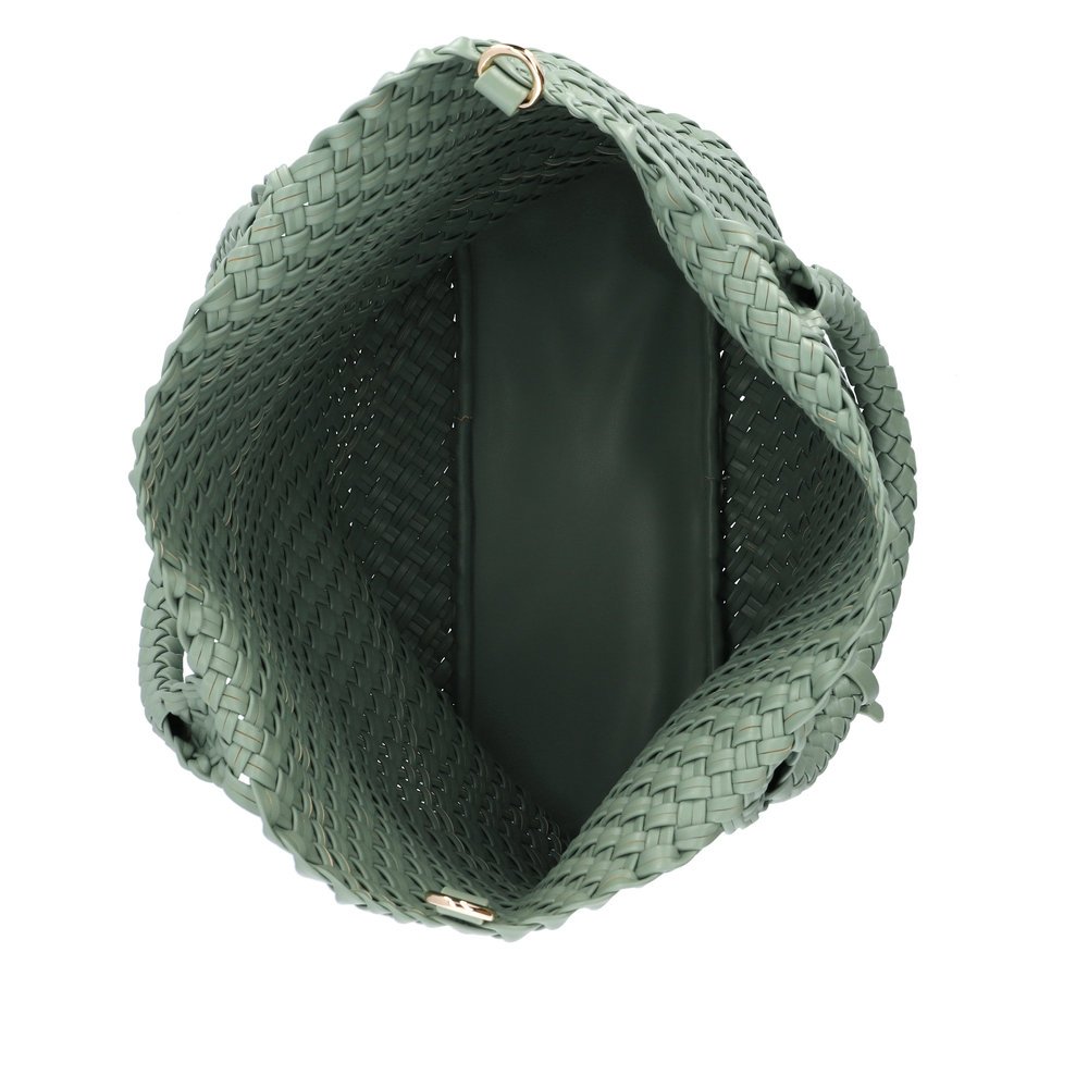 remonte Handtasche Q0761-51 in Grün in Weboptik mit abnehmbarem Schulterriemen und einer zusätzlichen kleinen Tasche mit Reißverschluss. Geöffnet.