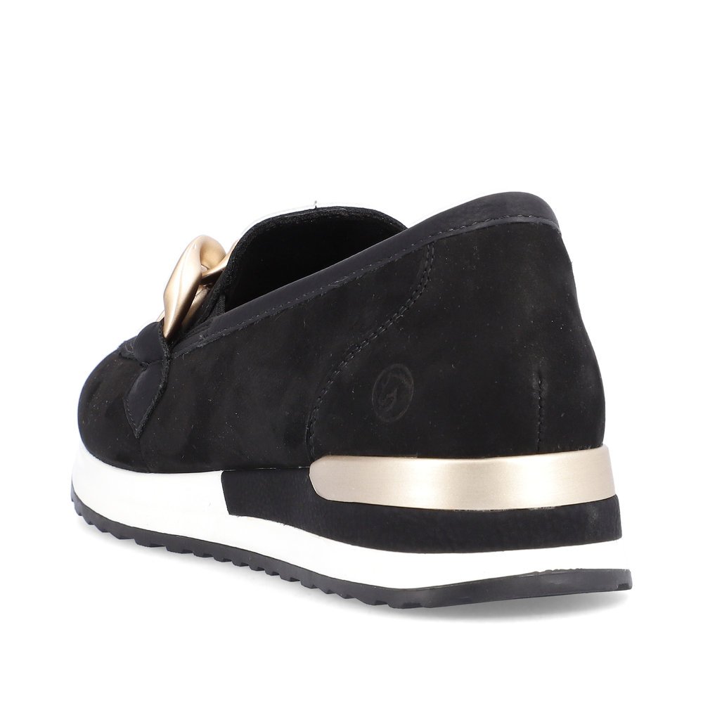 Night black remonte women´s loafers R2544-02 with golden chain. Shoe from the back.