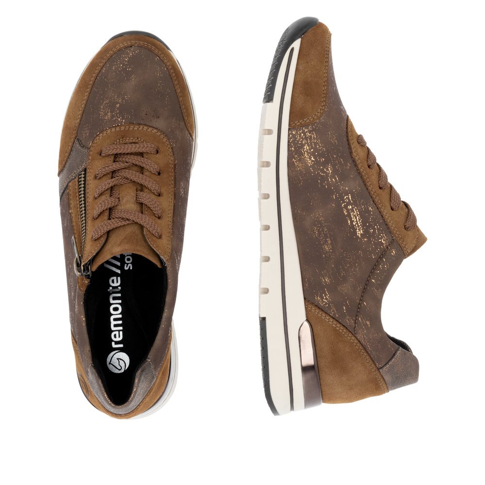 Brown remonte women´s sneakers R6700-22 with a zipper as well as comfort width G. Shoe from the top, lying.