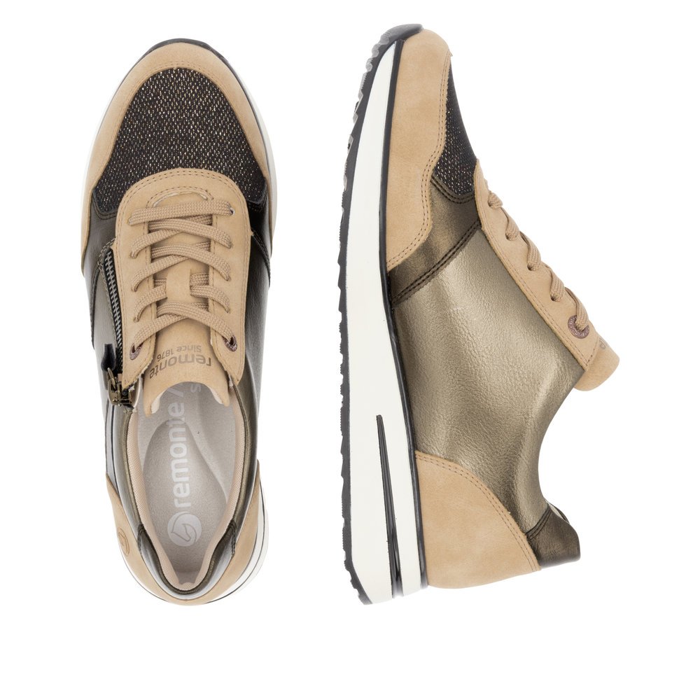 Bronzene vegane remonte Damen Sneaker D1G08-91 mit einem Reißverschluss. Schuh von oben, liegend.