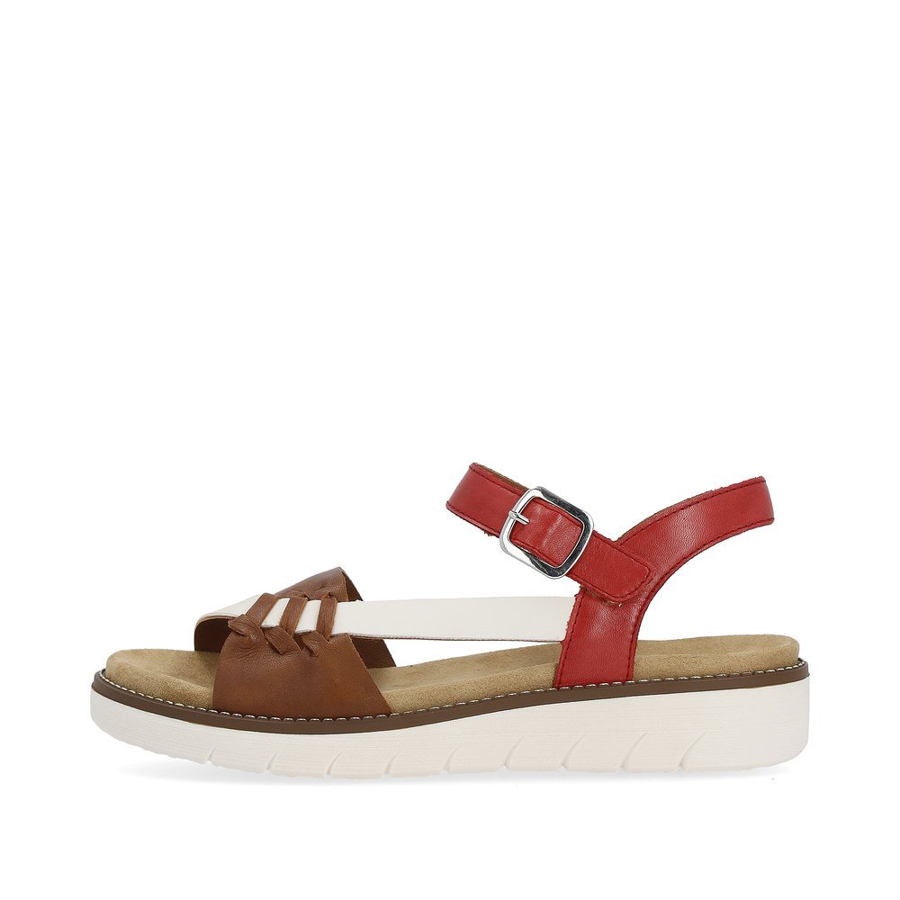 remonte sandales à lanières rouges femmes D2071-24 avec fermeture velcro. Côté extérieur de la chaussure.