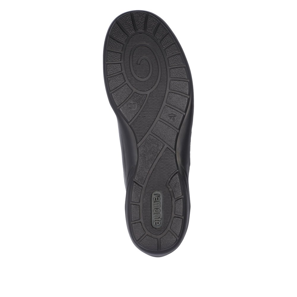 Midnight black remonte women´s slippers R7600-03 with a hook and loop fastener. Outsole of the shoe.