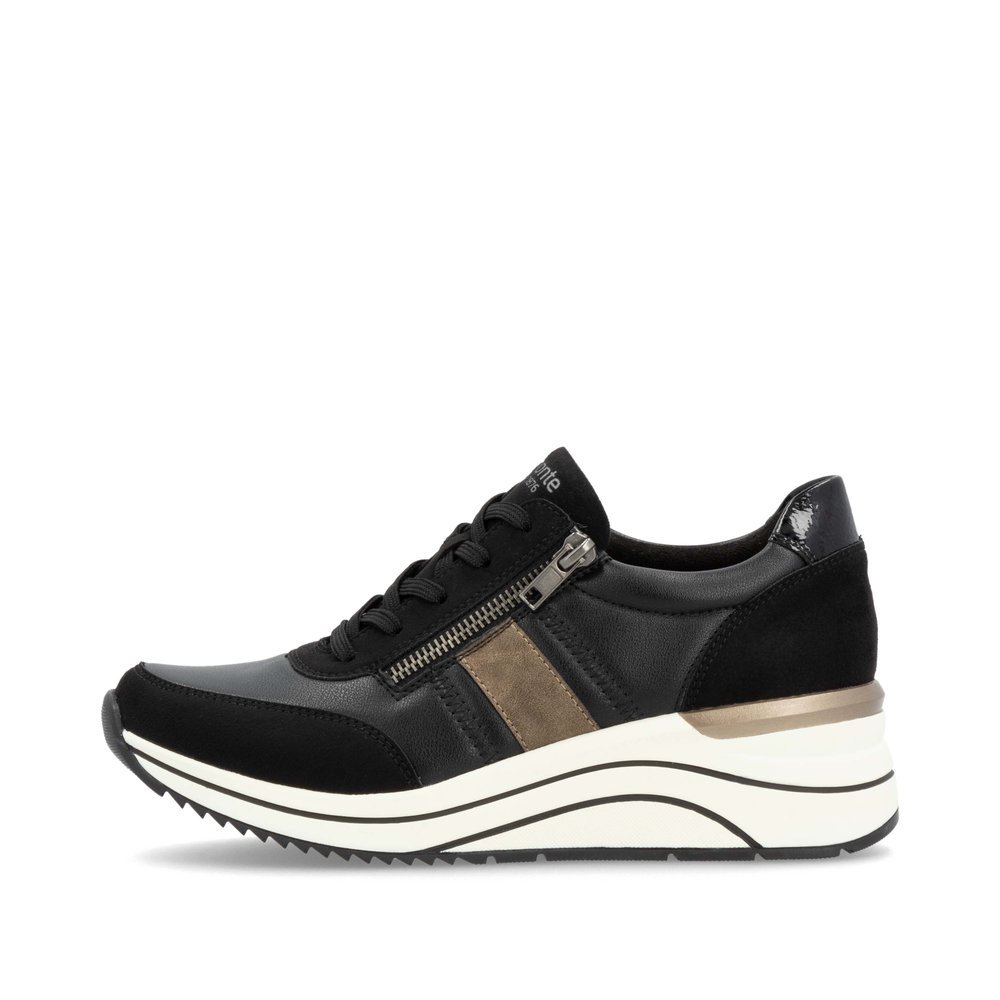 Black vegan remonte women´s sneakers D0T09-03 with zipper as well as extra width H. Outside of the shoe.