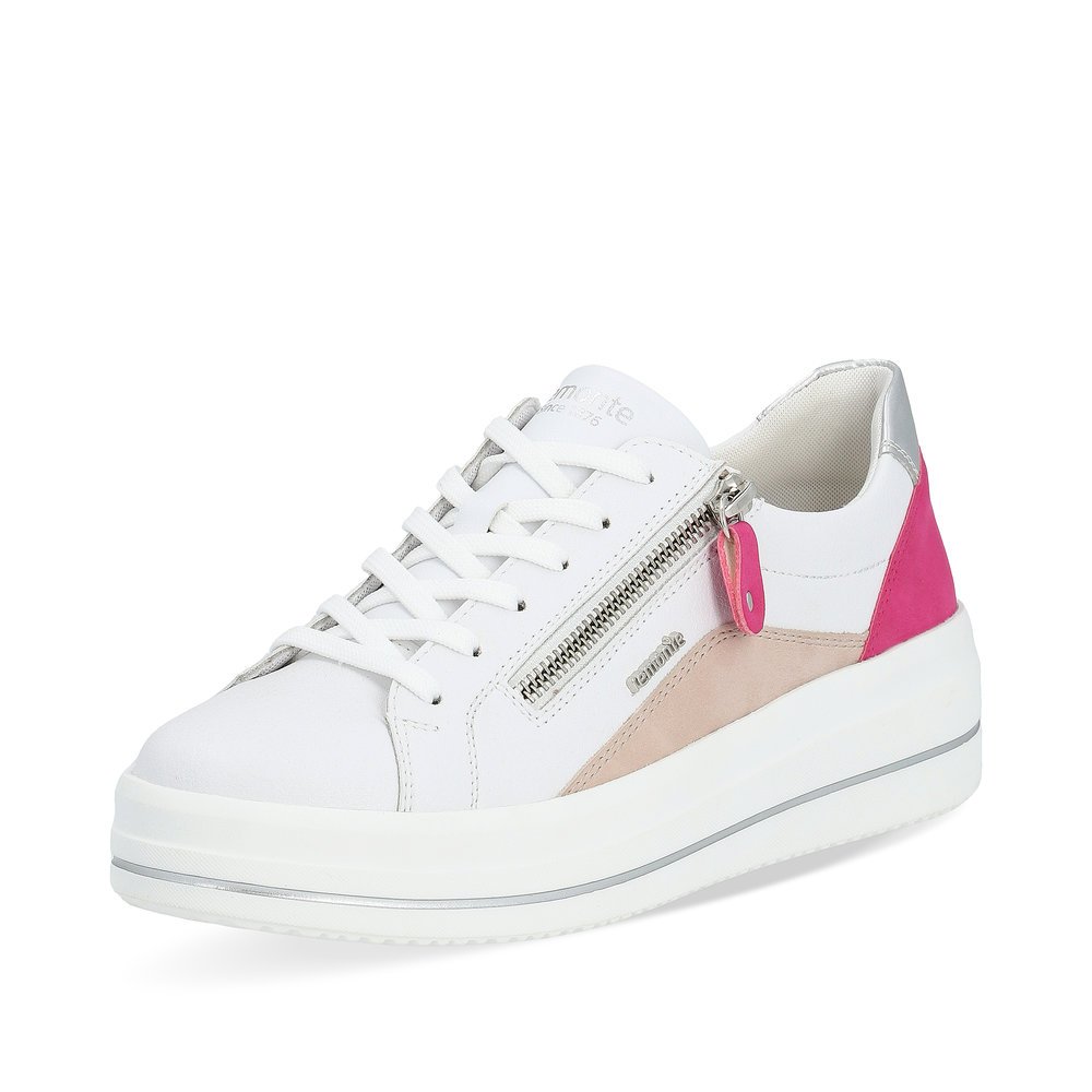 White remonte women´s sneakers D1C01-80 with zipper and comfort width G. Shoe laterally.