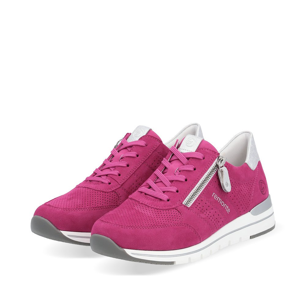 Magenta remonte women´s sneakers R6705-31 with zipper and comfort width G. Shoes laterally.