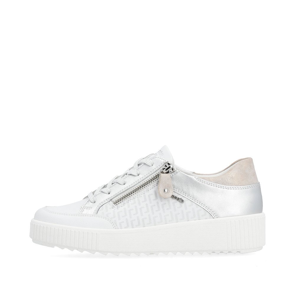 Frost white remonte women´s sneakers R7901-81 with zipper and graphical pattern. Outside of the shoe.