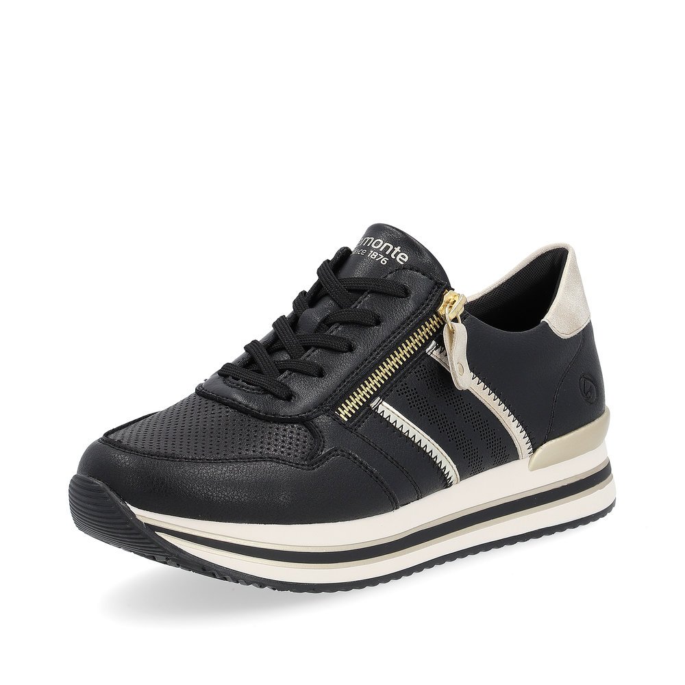 Matt black remonte women´s sneakers D1318-01 with a zipper and comfort width G. Shoe laterally.