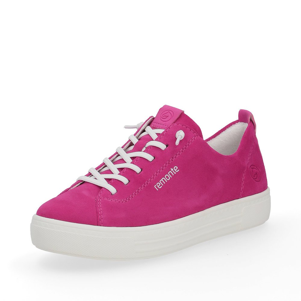 Pink remonte women´s sneakers D0913-31 with a lacing and comfort width G. Shoe laterally.