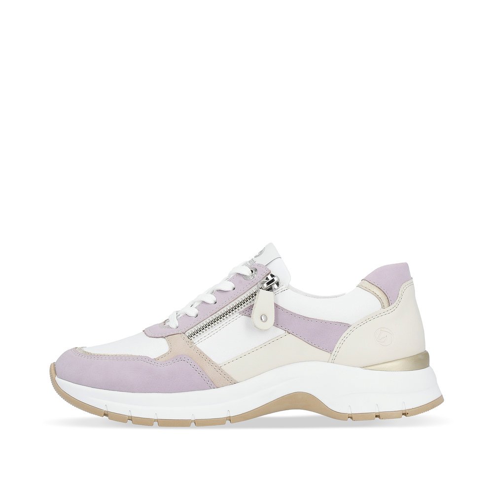 White remonte women´s sneakers D0G02-81 with a zipper and extra width H. Outside of the shoe.