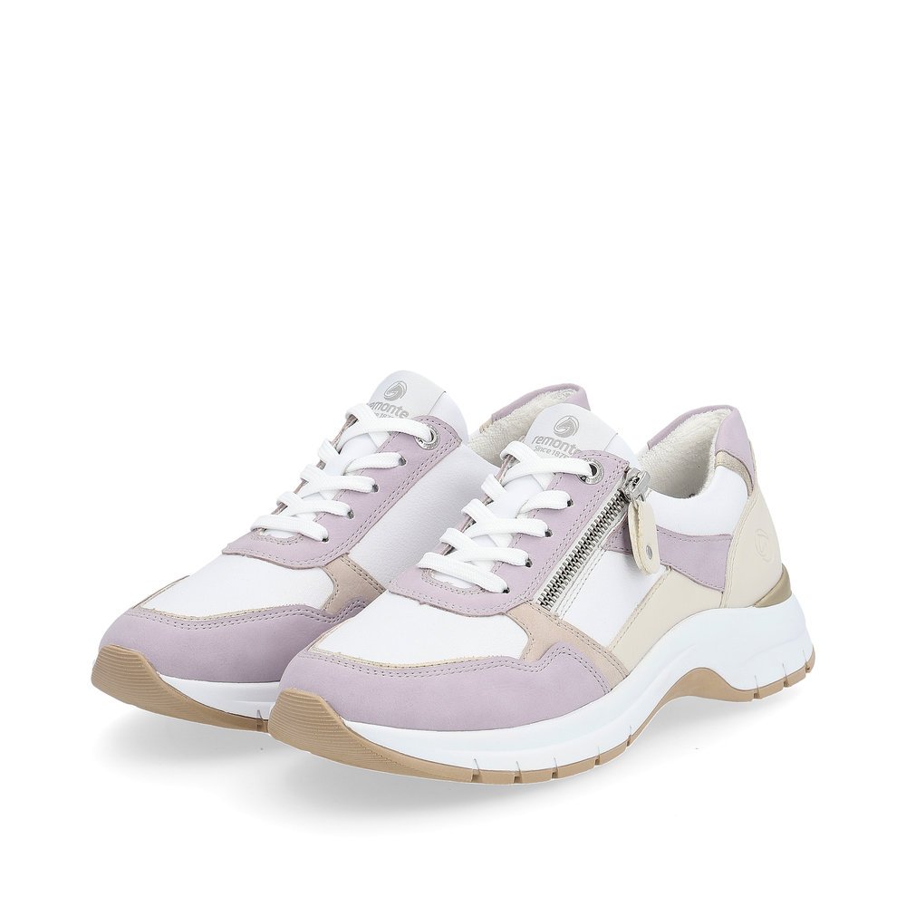 White remonte women´s sneakers D0G02-81 with a zipper and extra width H. Shoes laterally.