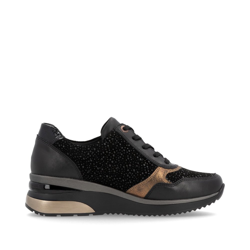 Jet black remonte women´s sneakers D2416-03 with zipper as well as comfort width G. Shoe inside.