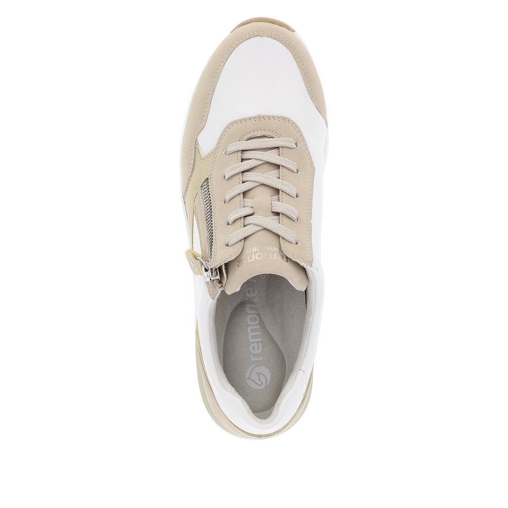 Beige vegan remonte women´s sneakers D0T01-80 with zipper and extra width H. Shoe from the top.