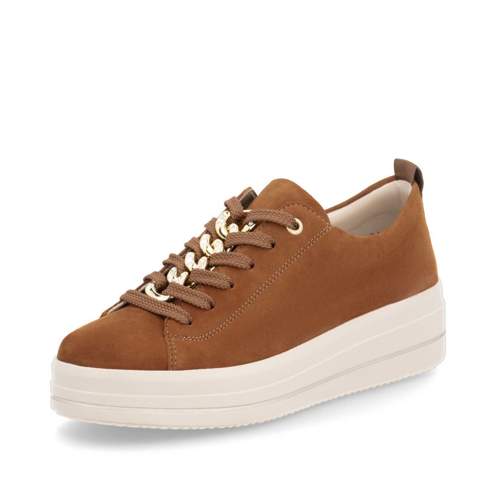 Brown remonte women´s sneakers D1C03-22 with a chain element as well as a zipper. Shoe laterally.