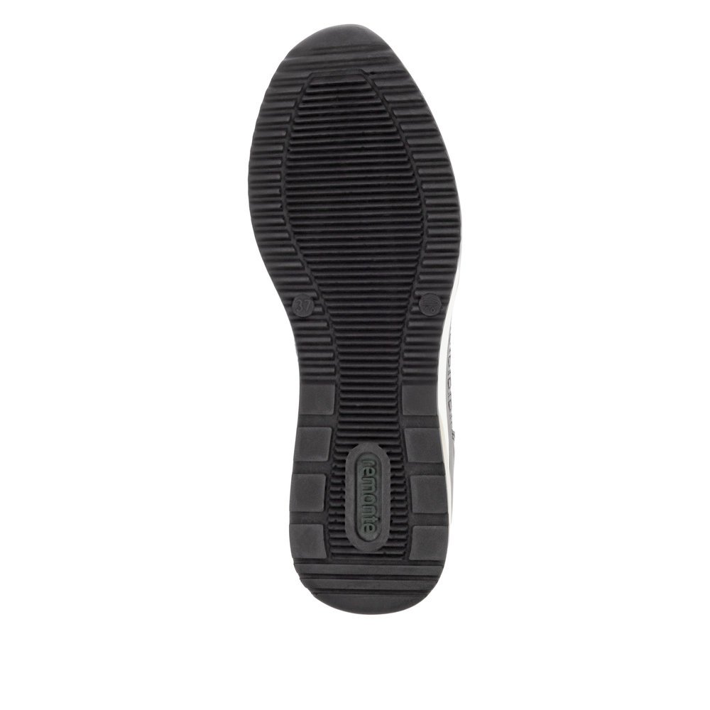 Black remonte women´s sneakers D2417-03 with a remonte pendant as well as a zipper. Outsole of the shoe.