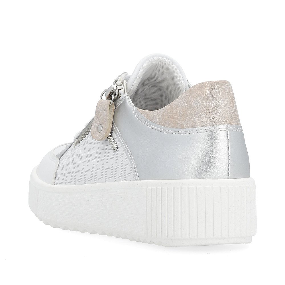 Frost white remonte women´s sneakers R7901-81 with zipper and graphical pattern. Shoe from the back.