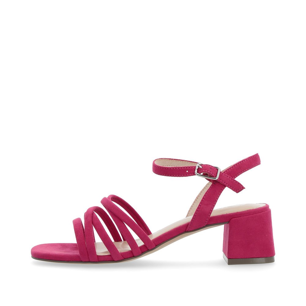Pink vegan remonte women´s strap sandals D1L52-31 with buckle and soft cover sole. Outside of the shoe.